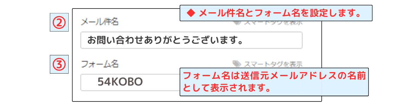 メール件名/フォーム名設定画面
