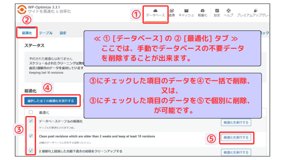 WP-Optimize 最適化実行操作画面