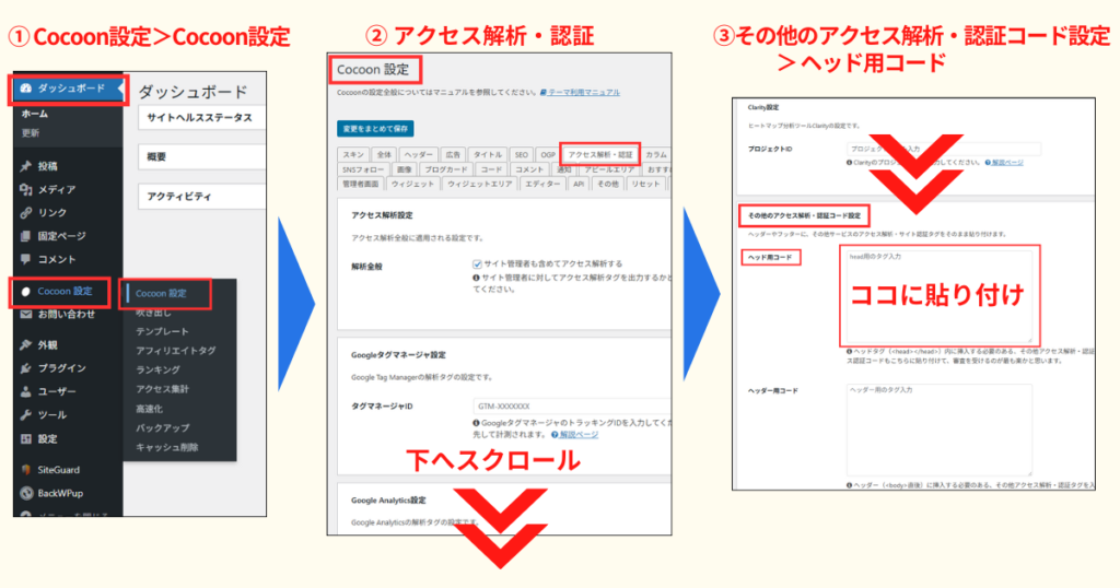 WordPressダッシュボード AdSenseコード貼り付け手順 Cocoon編