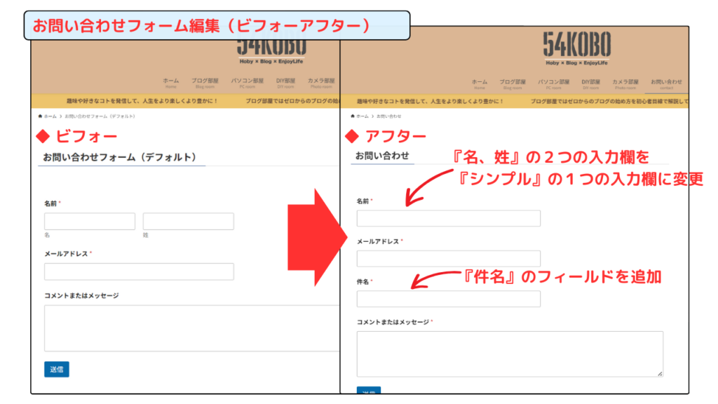 お問い合わせフォーム編集ビフォーアフター