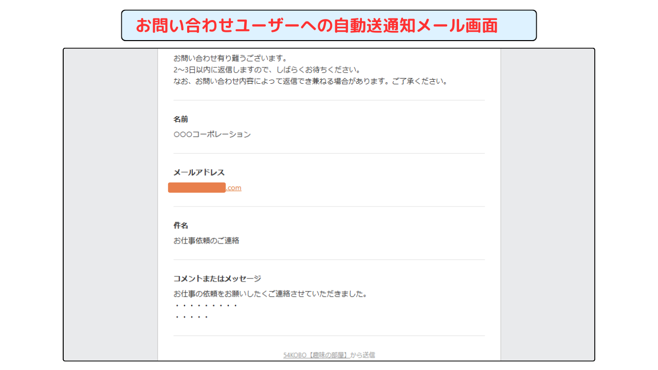 お問い合わせユーザーへの自動送信通知メール画面