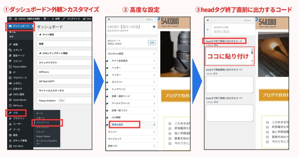 WordPressダッシュボード AdSenseコード貼り付け手順 SWELL編