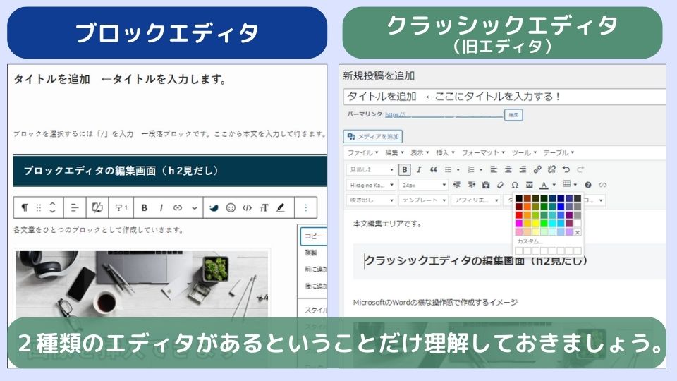 ブロックエディタとクラッシックエディタの編集画面比較画像